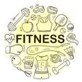 Hand drawn doodle fitness and sport round banner