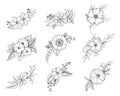Hand drawn doodle floral element collection. Flower bouquet set for coloring page.