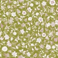 Hand-drawn, doodle floral pattern of wild flowers drawn in light lines on a warm light green background. Vector seamless pattern