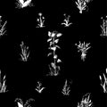 Hand drawn doodle flowers. Floral seamless pattern. White outline, black background.