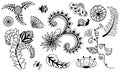 Hand drawn doodle flowers, leaves and insects. Black and white line art Royalty Free Stock Photo