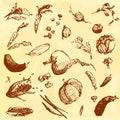 Hand drawn doodle food, vegetables. Brown objects, yellow watercolor seamless background.