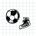 Hand drawn doodle football soccer game, gumshoes. Black pen outline,notebook background. Sport, school, children