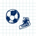 Hand drawn doodle football soccer game, gumshoes. Blue pen outline,notebook background. Sport, school, children