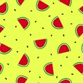 Hand drawn doodle fruit on yellow background. Watermelon slices seamless pattern. Bright summer background. Royalty Free Stock Photo