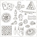 Hand drawn doodle Games set. Chess piece, casino roulette, cards, billiards.