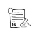 Hand drawn doodle gavel and document symbol for penalty icon, financial forfeit, surcharge. isolated background