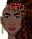 Hand drawn doodle girl face. Beautiful women with red flowers in her long hair. Vector illustration. Royalty Free Stock Photo