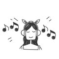 hand drawn doodle girl listening music with headset illustration vector