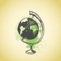 Hand drawn doodle globe. Brown pen outline, green watercolor grunge background. Geography, school, education.