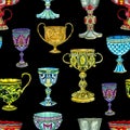 Seamless pattern with ancient cups and goblets on black