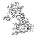 Hand drawn doodle Great Britain map. England city names lettering and cartoon landmarks, tourist attractions cliparts