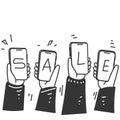 hand drawn doodle Hands holding smartphones and show SALE sign illustration