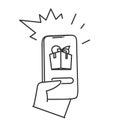 hand drawn doodle Hands pressing button on phone sending gift box illustration