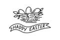 Hand drawn doodle Happy Easter card with nest, eggs isolated on white background. Vector illustration. Royalty Free Stock Photo