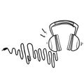 Hand drawn doodle Headphones with wave cord, music symbol cartoon vector