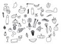 Hand drawn doodle healthy food icons set. set of black and white food and drink icons. Royalty Free Stock Photo