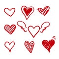 Hand drawn Doodle hearts, hand drawn love heart collection. red color vector Royalty Free Stock Photo