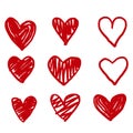 Hand drawn Doodle hearts, hand drawn love heart collection. red color vector Royalty Free Stock Photo