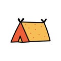 Hand drawn doodle hiking tent. Orange and yellow simple camping tent.