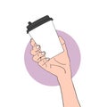 Hand drawn doodle hand holding craft coffee cup