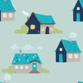 Hand drawn doodle house background. Vector seamless pattern. cute houses on blue. illustration. Textured background for Royalty Free Stock Photo