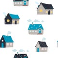 Hand drawn doodle house background. Vector seamless pattern. cute houses on white. illustration. Textured background for Royalty Free Stock Photo