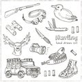 Hand drawn doodle hunting set. Royalty Free Stock Photo