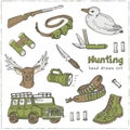 Hand drawn doodle hunting set. Sketchy hunt related icons, hunting elements, gun, crossbow, hunting wear cloths, boots, duck, bino Royalty Free Stock Photo