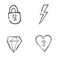 Hand drawn doodle icon objects. Locked padlock, electric, diamond and heart arrow up. Black outlines, white