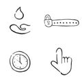 Hand drawn doodle icon objects. Water drop and hand, locked password, clock time and hand cursor. Black outlines, white Royalty Free Stock Photo