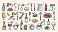 Hand drawn doodle icon set of food, kitchen, restaurant. Including wine bottle, glass, utensil, frying pan, cooking pot Royalty Free Stock Photo