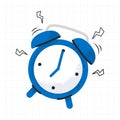 Hand drawn doodle illustration ringing simple blue alarm clock minimalism. Back to school concept