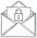 Hand drawn doodle illustration of a secure email message or confidential letter protected by a padlock Royalty Free Stock Photo