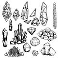 Hand drawn or doodle illustration set - crystals or gems, on white background, symbols collection with gemstones, quarts, minerals