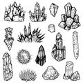 Hand drawn or doodle illustration set - crystals or gems, on white background, symbols collection with gemstones, quarts, minerals