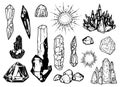 Hand drawn or doodle illustration set - crystals or gems, on white background, symbols collection with gemstones, quarts, minerals