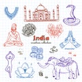 Hand drawn doodle India symbols set.