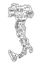 Hand drawn doodle Italy map. Italian city names lettering and cartoon landmarks, tourist attractions cliparts. travel, trip comic