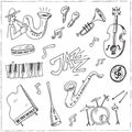 Hand drawn doodle jazz set. Royalty Free Stock Photo