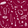 Hand drawn doodle jewelry, bijou seamless pattern. White objects, red, ruby background. Design illusrtration for poster