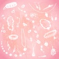 Hand drawn doodle jewelry, bijou. White objects, pink watercolor background. Design illusrtration for poster, flyer.