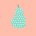 Hand drawn doodle kawaii pear with white and turquoise polka dot pattern on warm pink background. Kids room decoration poster