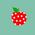 Hand drawn doodle kawaii red apple with white polka dot pattern green leaf on stem on light blue background. Kids room decoration Royalty Free Stock Photo