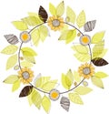 Hand drawn leaves and sunflowers wreath vector illustration