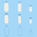 Hand drawn doodle line vector illustration set of milk, kefir in different glass bottles. Isolated on blue background.