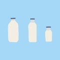 Hand drawn doodle line vector illustration set of milk, kefir in different glass bottles. Isolated on blue background.