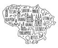 Hand drawn doodle Lithuania map. Lithuanian city names lettering and cartoon landmarks, tourist attractions cliparts. travel,