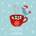 Hand Drawn Doodle Merry Christmas Card. Red Mug with Hot Chocolate Cocoa Marshmallows Kawaii Bird in Santa Claus Hat