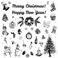 Hand drawn doodle Merry Christmas and Happy New Year illustration. Black images, white background.